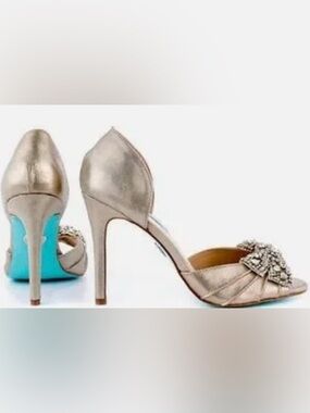 Betsey Johnson Crystal Rhinestone Bow Stiletto Heels Peep Toe Pinup Glam Sz 8.5M